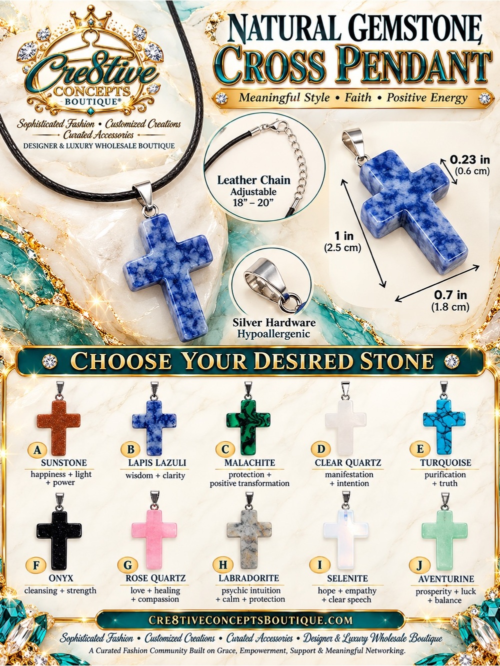 Natural Gemstone Cross Pendant Necklace – Handcrafted Adjustable Leather Chain
